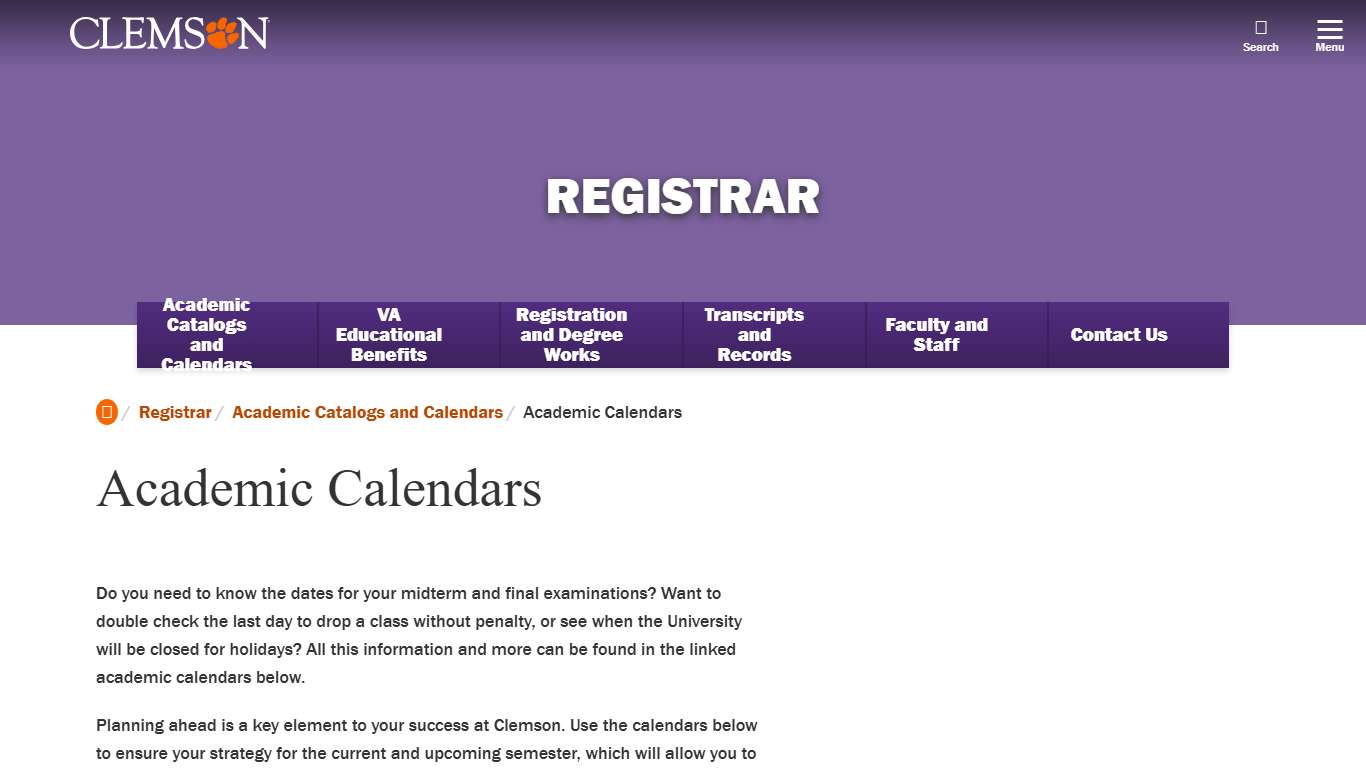 Academic Calendars - Registrar Clemson University